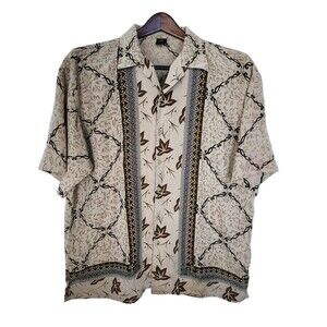 Vintage Claudio Nucci Mens XL Shirt Tan Geometric Floral Button Up Short Sleeve